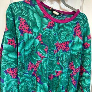 Studio E-VINTAGE Green and Pink Floral Top with 3/4 Sleeves-Size M